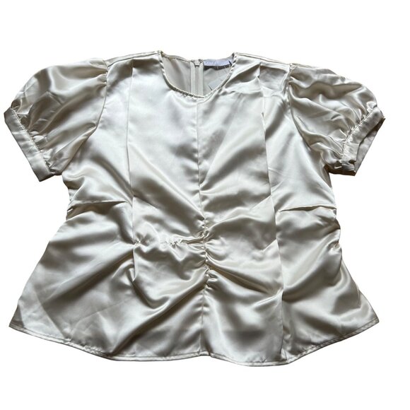 Asos Size 10 Ivory Satin Pleated Ruched Detail Short Puff Sleeve Blouse Top NWT - Picture 1 of 15